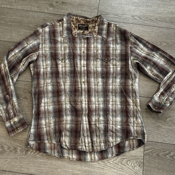 Wrangler Retro Pearl Snap Long Sleeve Western Shirt Brown Size Mens 2XL XXL Flaw - Picture 1 of 10